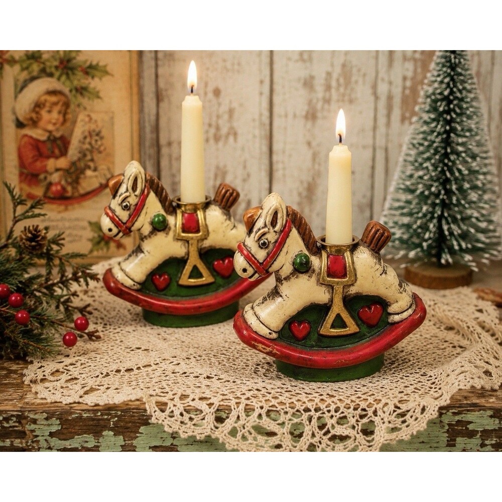 Vintage Holiday Memories Rocking Horse Christmas Taper Candle Holders Set of 2